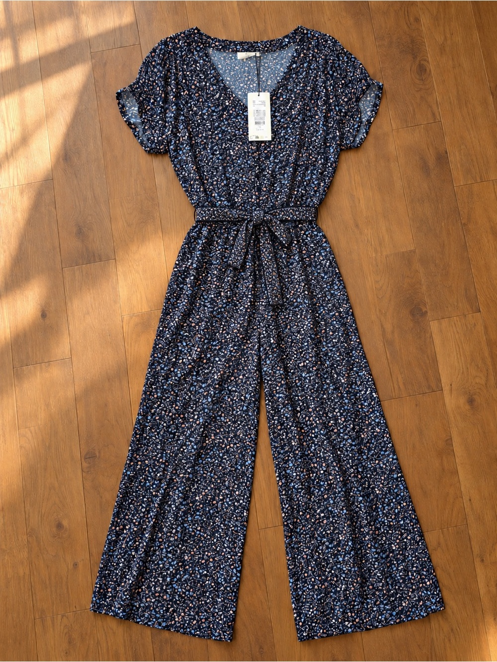 Kaffe Navy Floral Short-Sleeve Wide-Leg Jumpsuit with Tie Waist Sz EU 38 (US 8)
